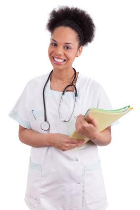 Smiling young nurse in a white uniform with a stethoscope, holding notes