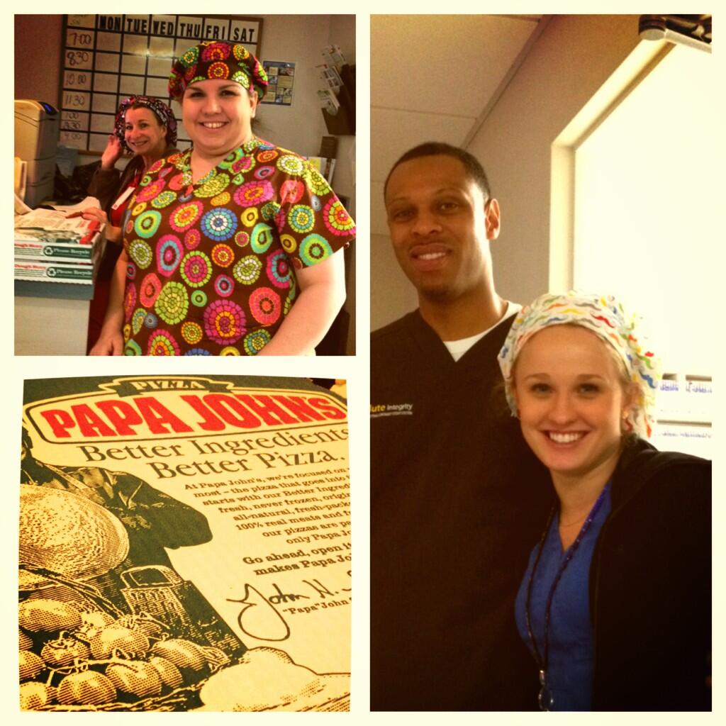 Collage of nurses in colorful scrub caps and a Papa John's pizza box lid