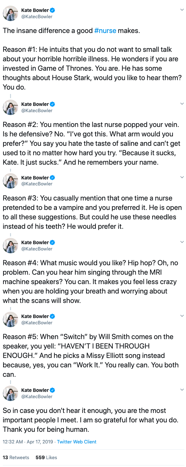 Screenshot of Kate Bowler's Twitter thread about her nurse