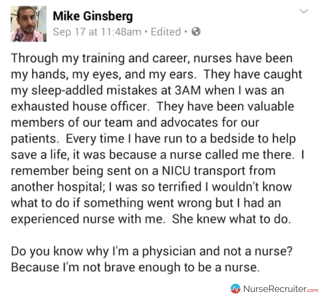 Quote image from the viral post by Mike Ginsberg, M.D., about nurses