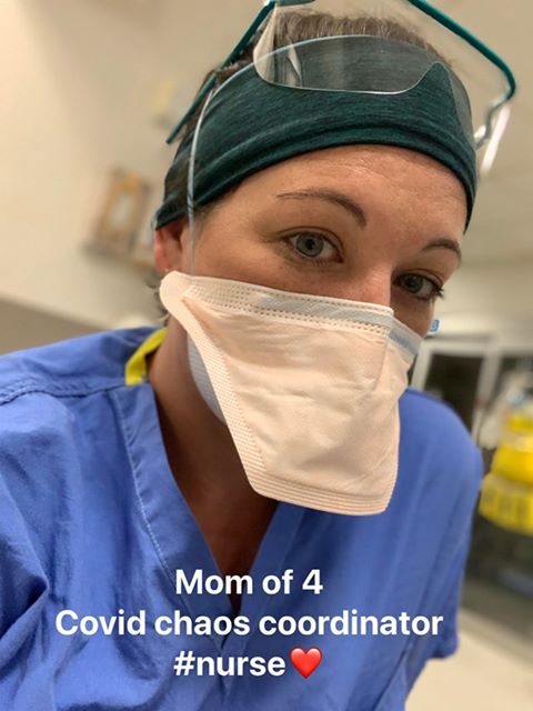 Danielle Dent in mask and goggles, captioned "Mom of 4, Covid chaos coordinator"