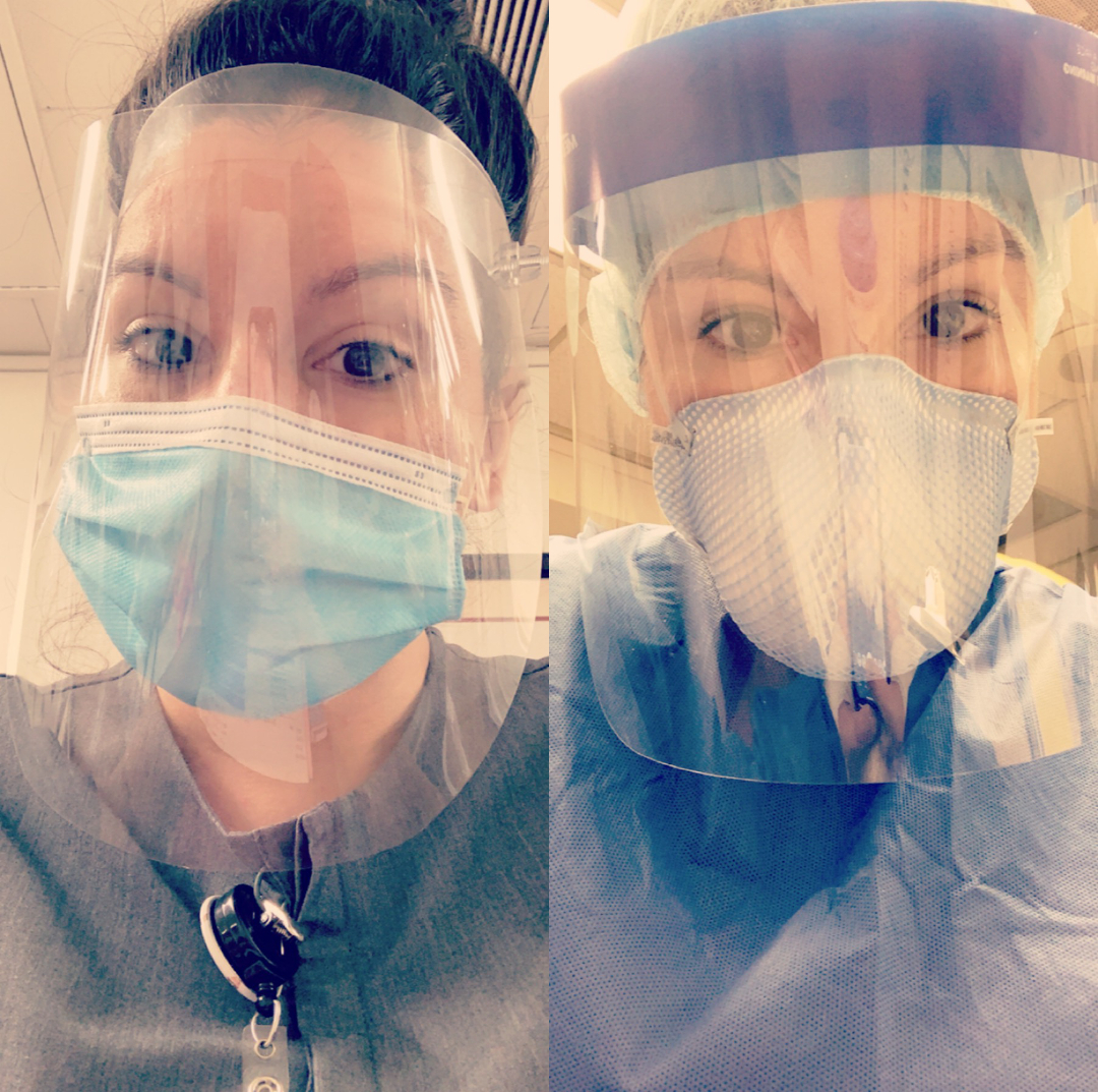 Two selfies of Shayna Julian in a face shield and surgical mask on shift