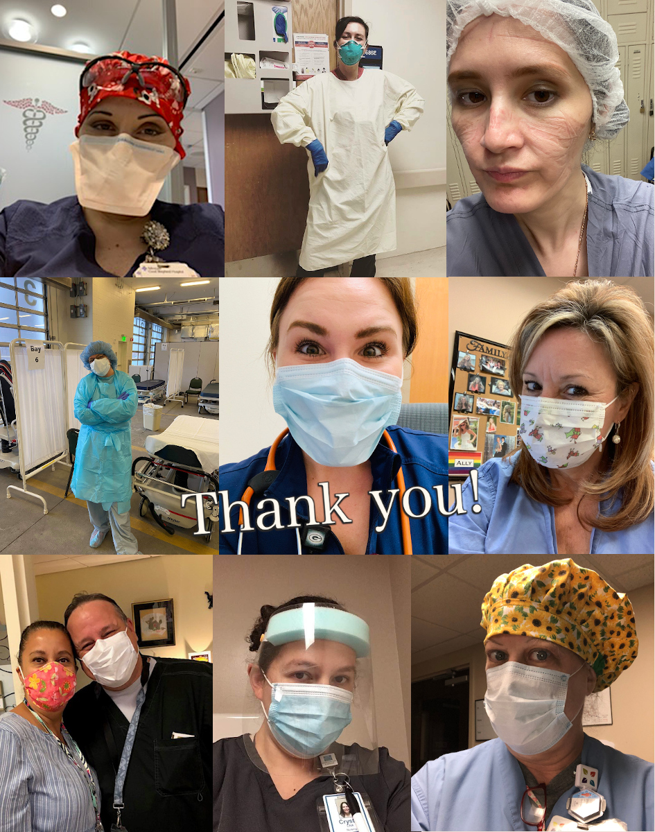 Nine-photo collage of masked nurses on shift, overlaid with the words "Thank you!"