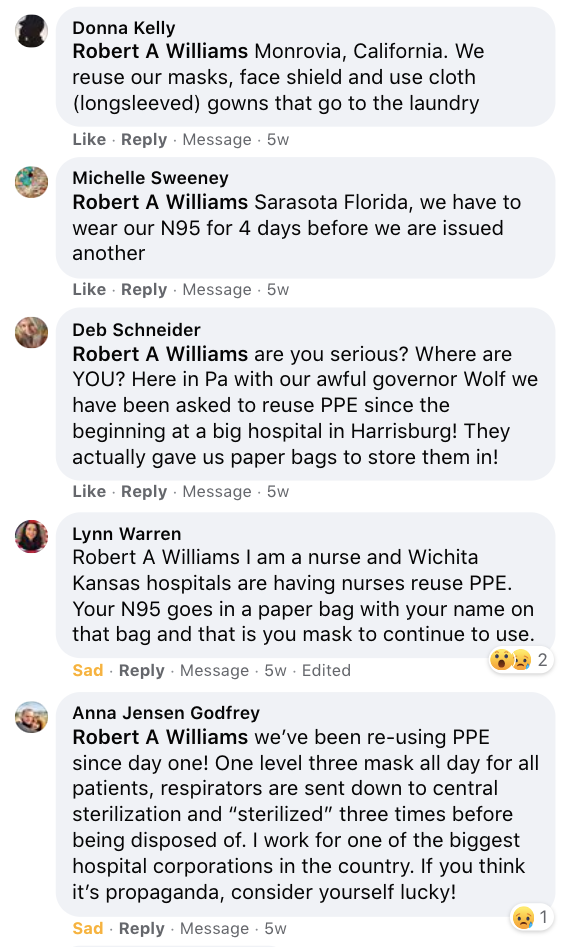 Nurse comments on our Facebook account: mask shortage still a thing Facebook comments from nurses saying the mask shortage is still a problem