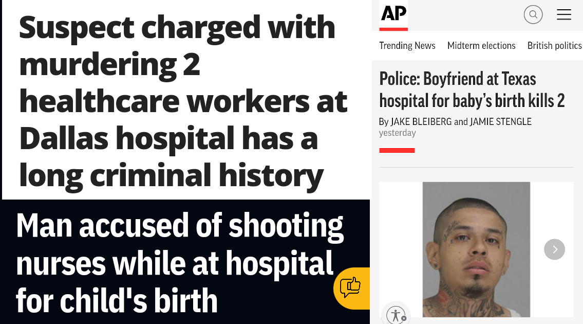 News headlines about a suspect charged with murdering two healthcare workers at a Dallas hospital