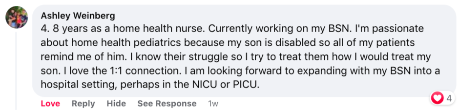 Screenshot of Ashley Weinberg's comment about seeing care from the patient's side