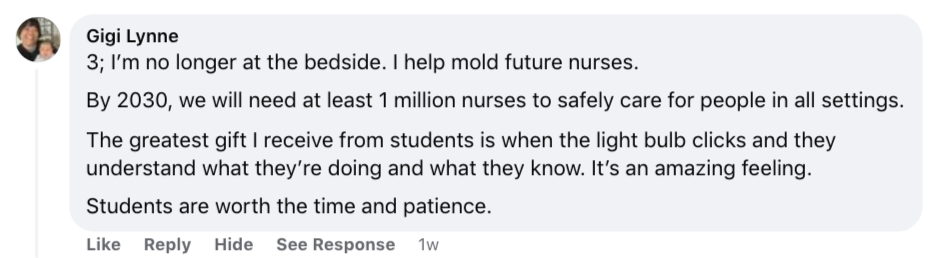 Screenshot of Gigi Lynne's comment about teaching future nurses