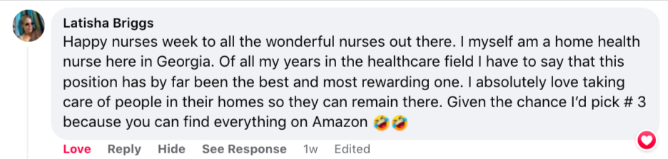 Screenshot of Latisha Briggs's comment about home health nursing