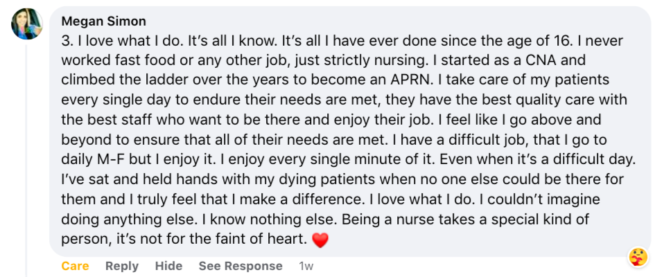 Screenshot of Megan Simon's comment about working her way up in nursing