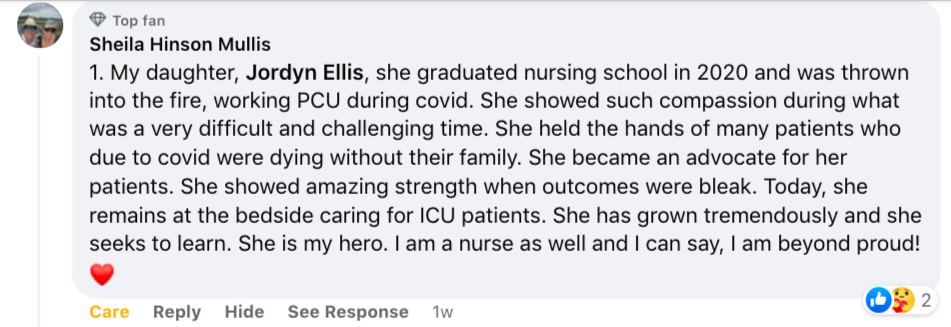 Facebook comment nominating a daughter who graduated in 2020 and worked PCU through Covid