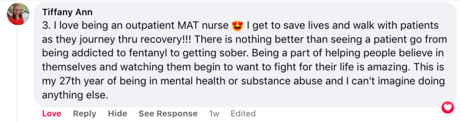 Screenshot of Tiffany Ann's comment about mental health and rehab nursing