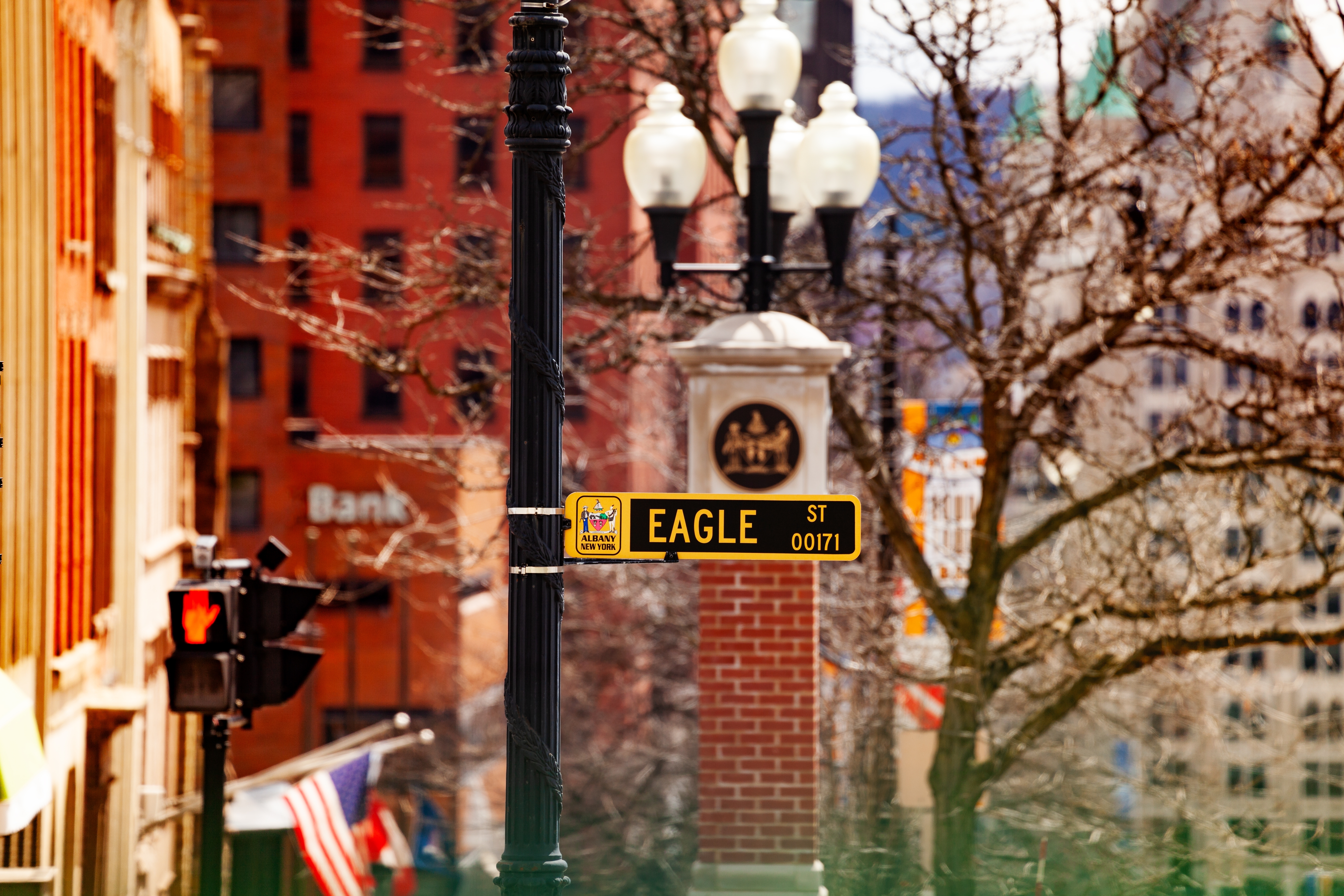 Ornate street lamp and an Eagle Street sign on a downtown city block