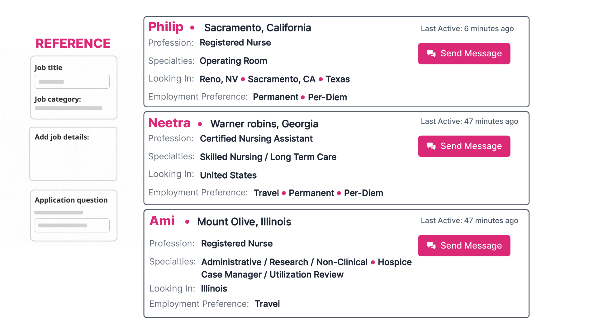 Mock-up of a NurseRecruiter job board listing per diem roles