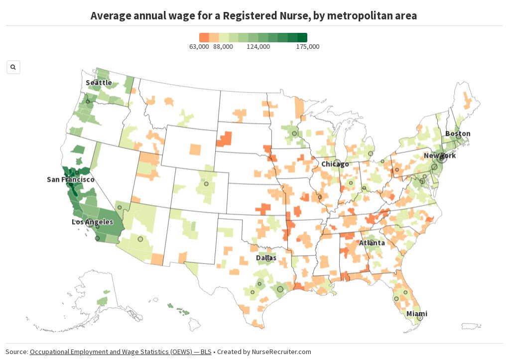 Map: Average annual Registered Nurse wage by metropolitan area (2023) Map: average annual Registered Nurse wage by metropolitan area, 2023