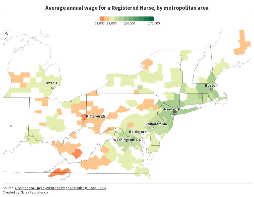 Map: Average annual Registered Nurse wage by metropolitan area, Northeast (2023) Map: average annual Registered Nurse wage by metropolitan area across the Northeast, 2023