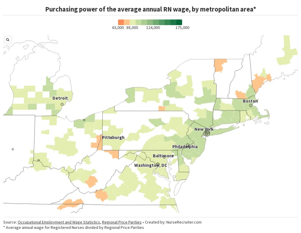 Map: Purchasing power of the average annual Registered Nurse wage, Northeast (2023) Map: purchasing power of the average annual RN wage by metropolitan area across the Northeast, 2023