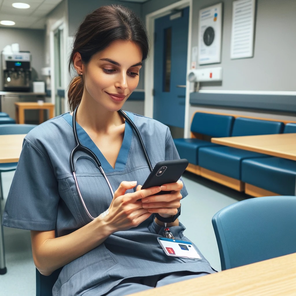 Nurse browsing jobs on her phone during a break