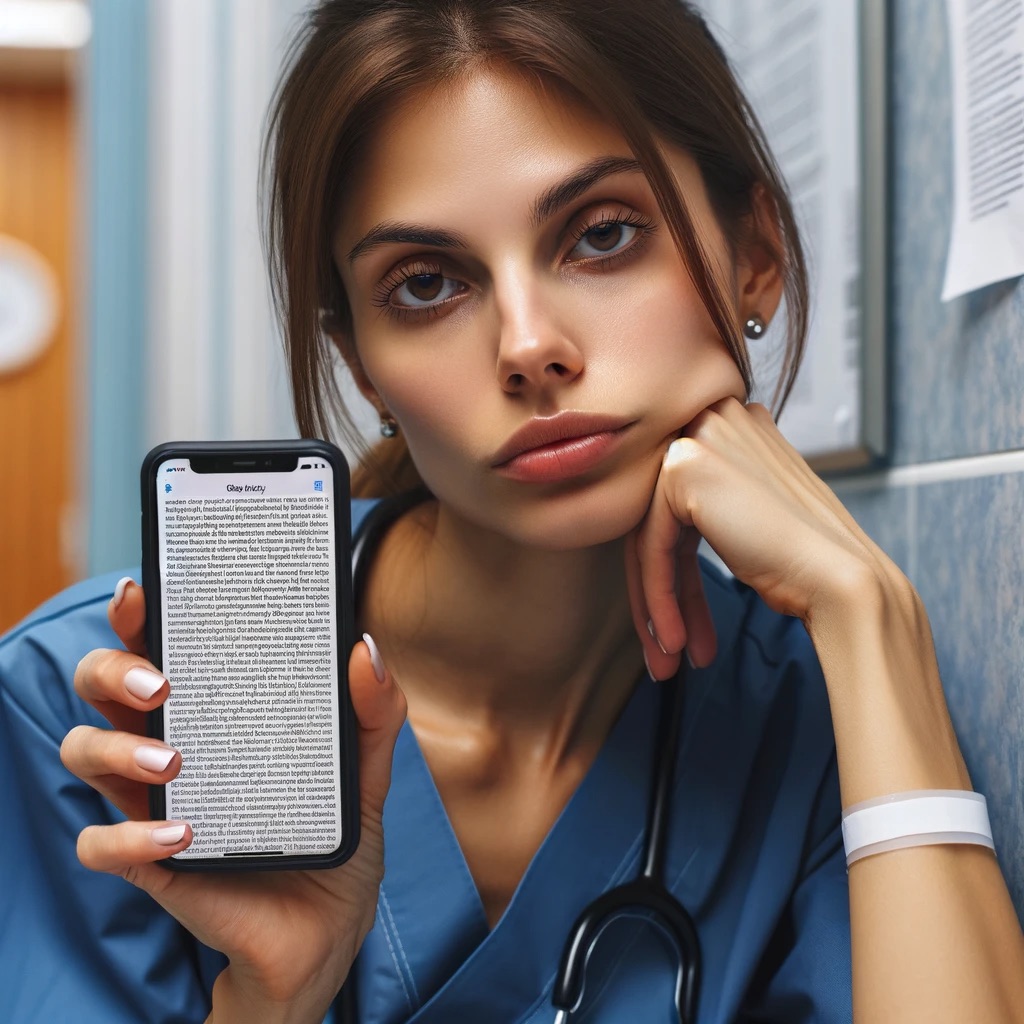 Nurse unimpressed by a wall-of-text job post on her phone